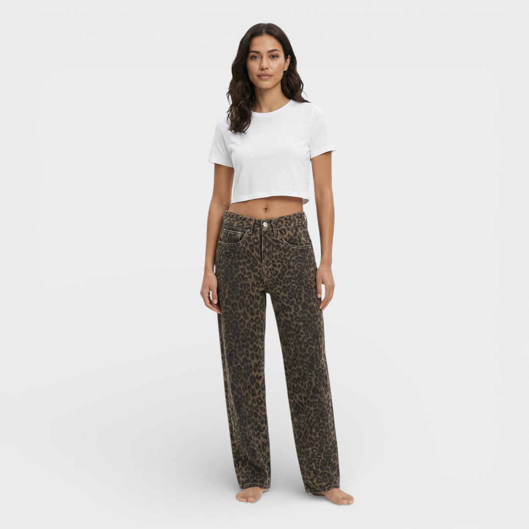 Pantalones Vaqueros Mujer Cintura Alta Ajuste Leopardo - Mavetta