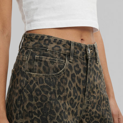Pantalones Vaqueros Mujer Cintura Alta Ajuste Leopardo