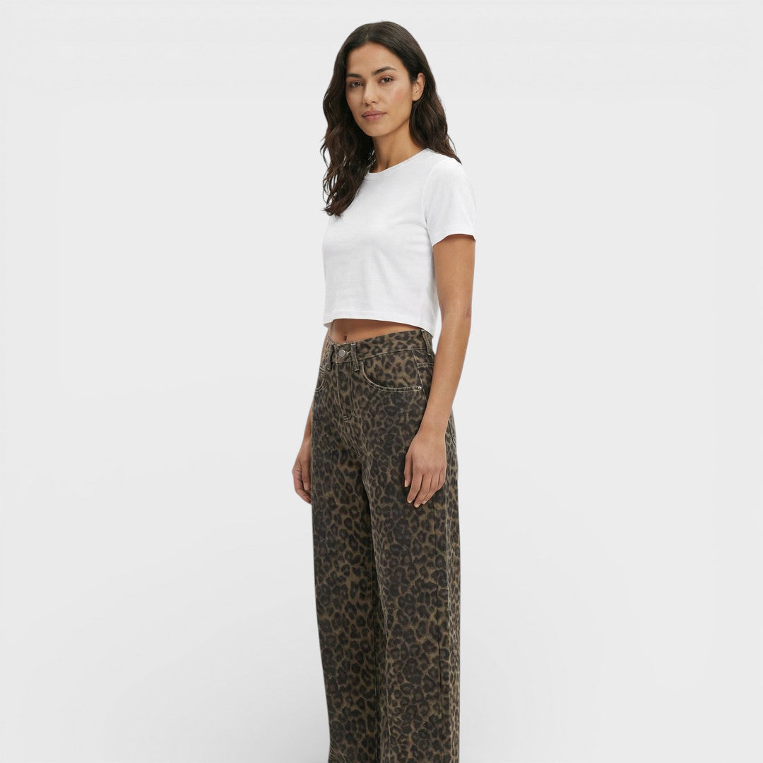 Pantalones Vaqueros Mujer Cintura Alta Ajuste Leopardo
