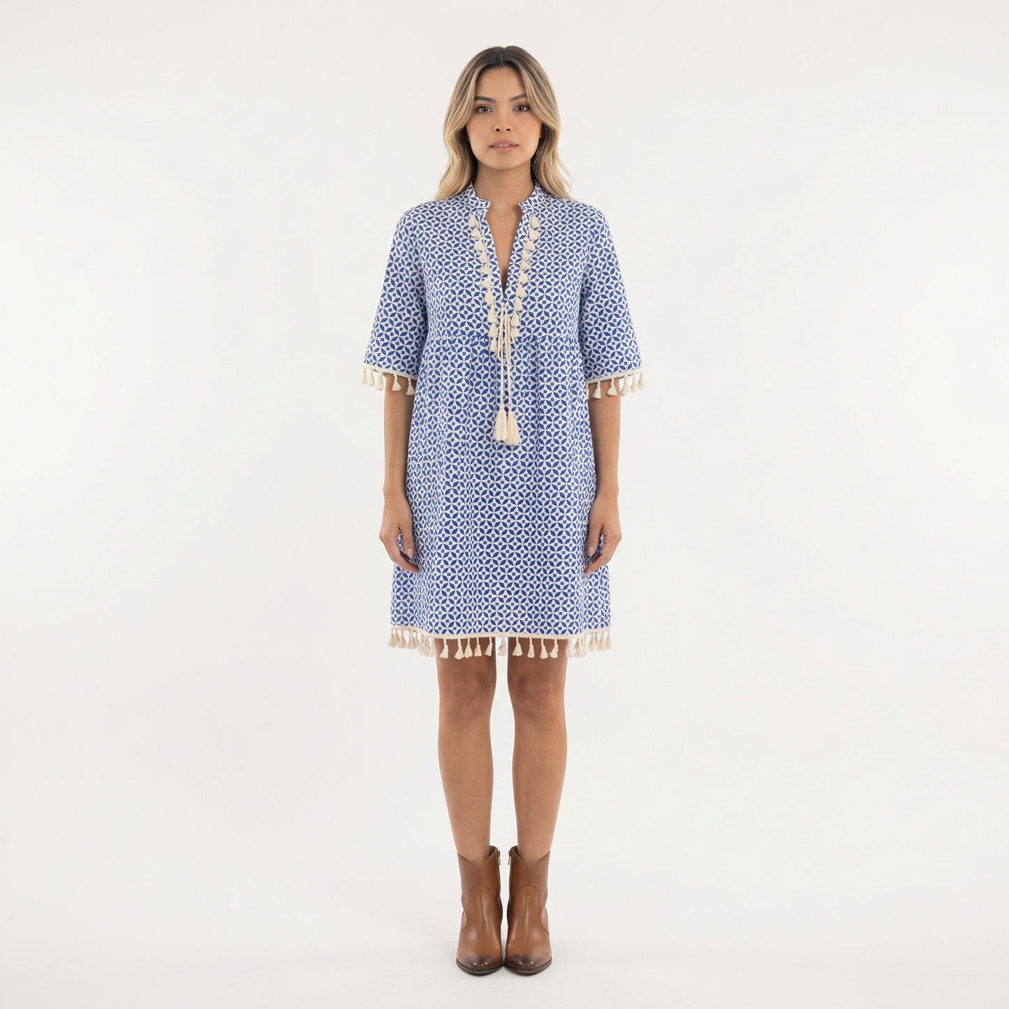 Vestido Corto Mujer Estampado con Borlas - Mavetta