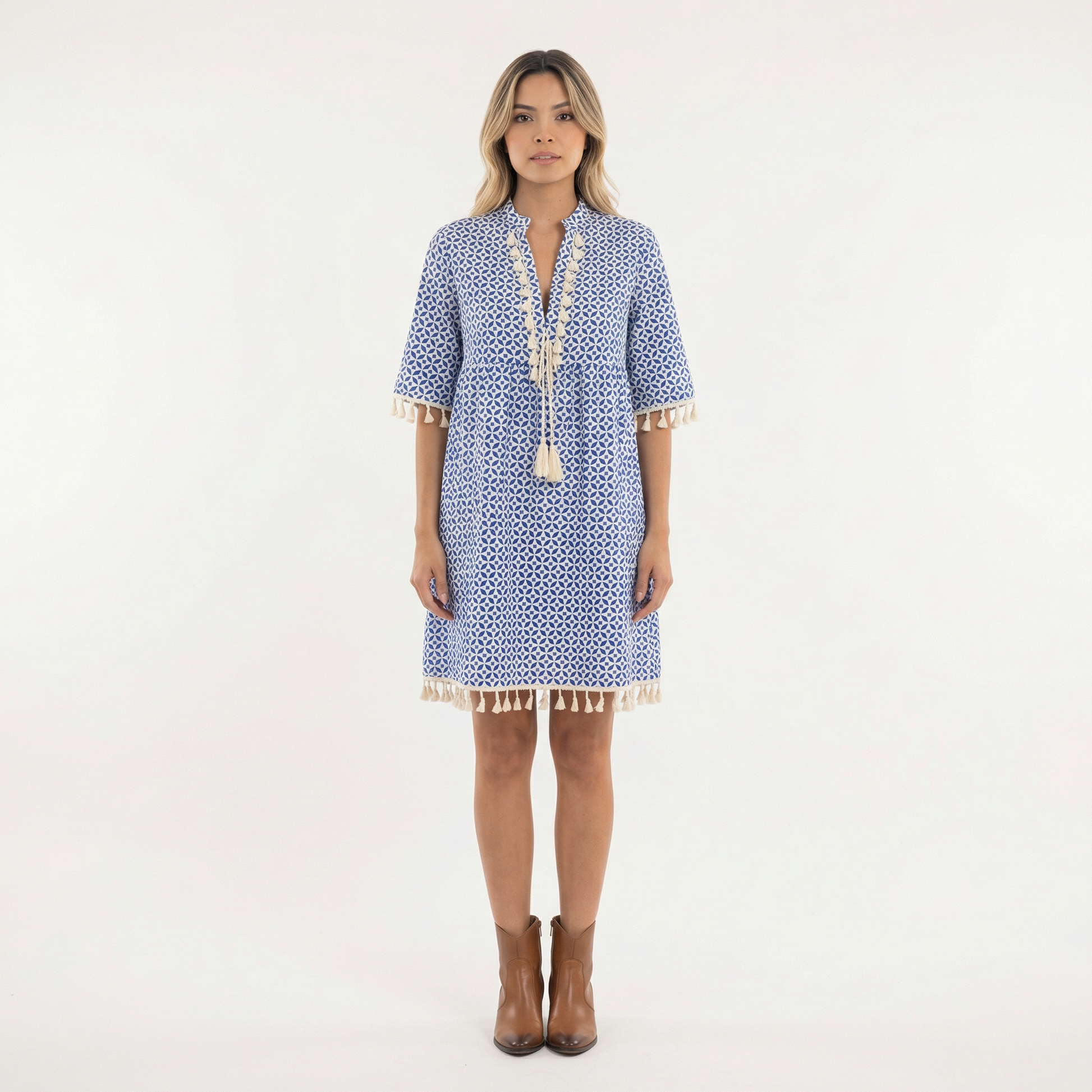 Vestido Corto Mujer Estampado con Borlas - Mavetta