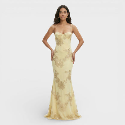 Vestido Largo Mujer Bordado Ajuste Corsé