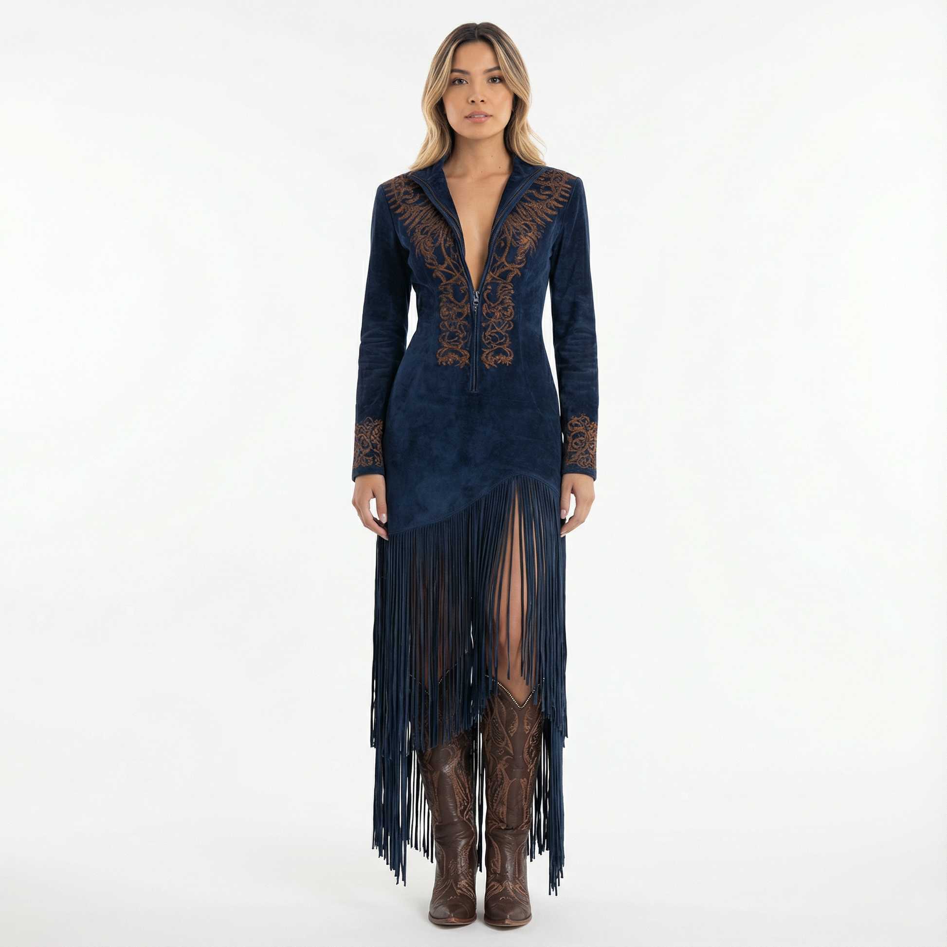 Vestido Largo Mujer Bordado Media Cremallera - Mavetta