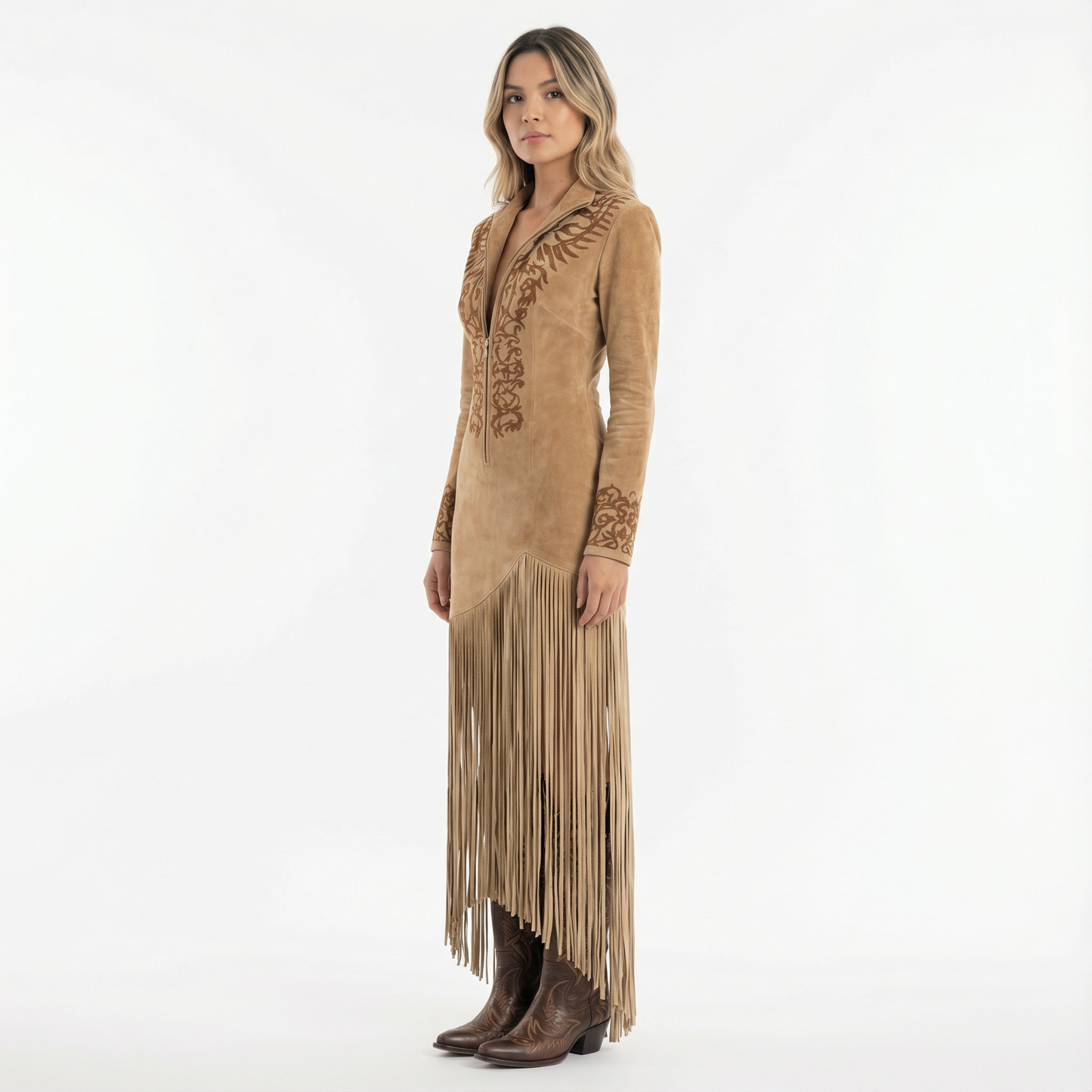 Vestido Largo Mujer Bordado Media Cremallera