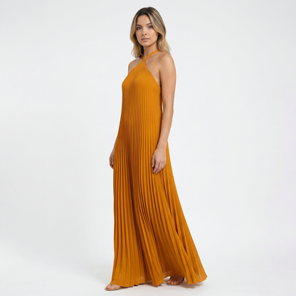 Vestido Largo Mujer Plisado Cuello Halter