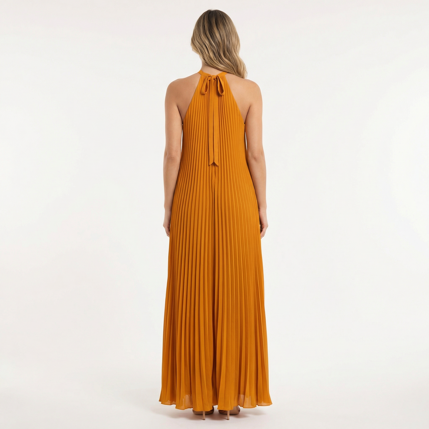 Vestido Largo Mujer Plisado Cuello Halter