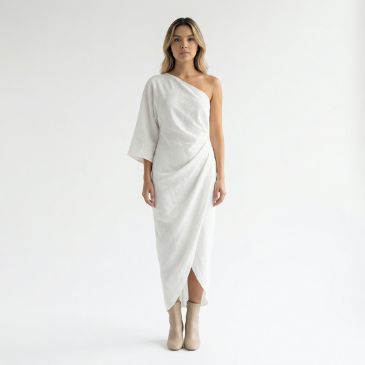 Vestido Mujer de Lino Asimétrico Ajustado - Mavetta