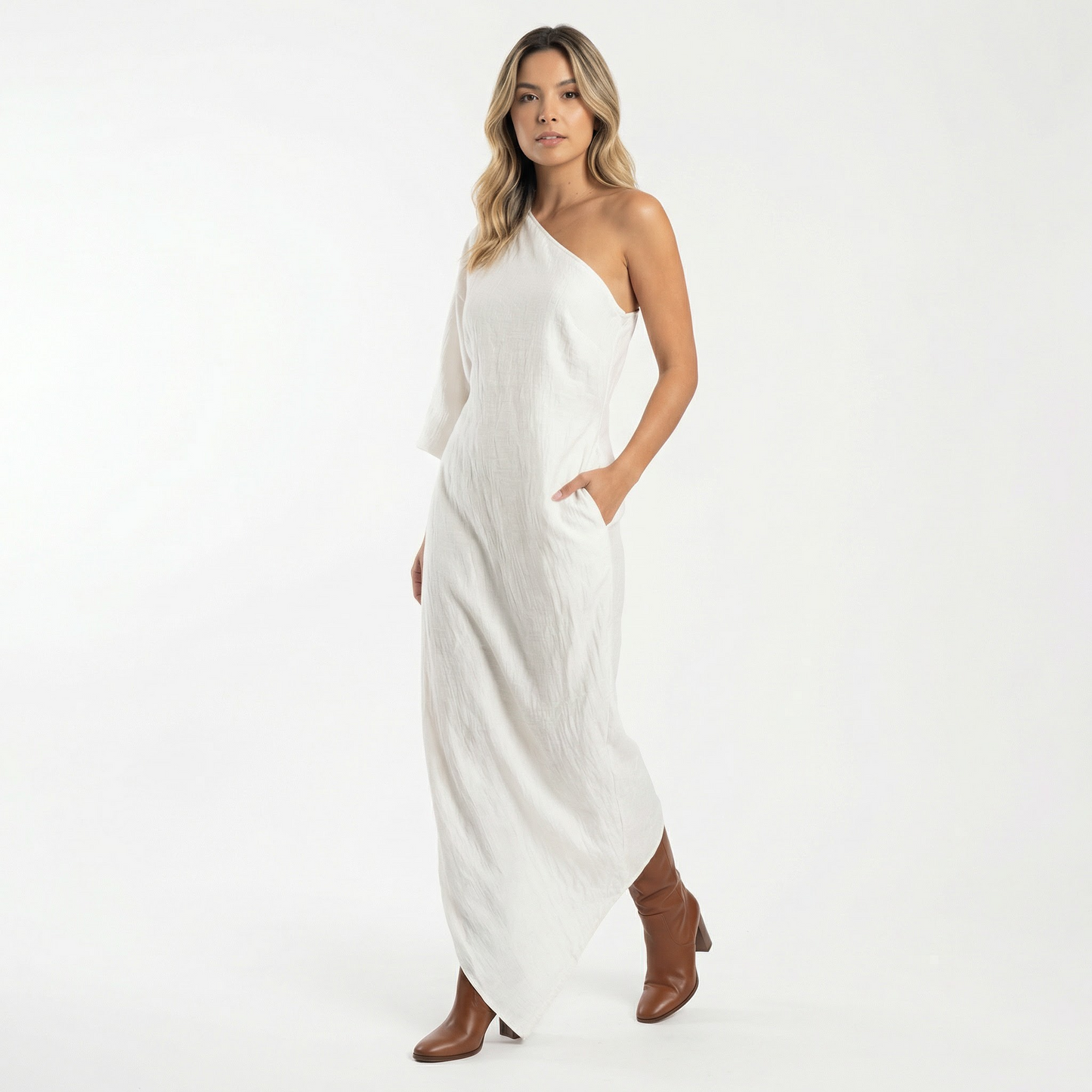 Vestido Mujer de Lino Asimétrico Ajustado