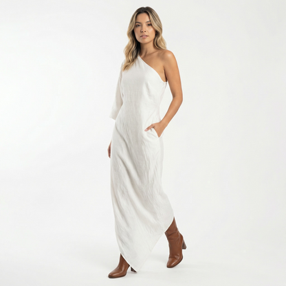 Vestido Mujer de Lino Asimétrico Ajustado