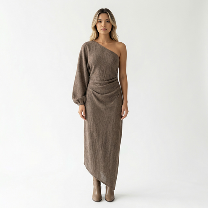 Vestido Mujer de Lino Asimétrico Ajustado