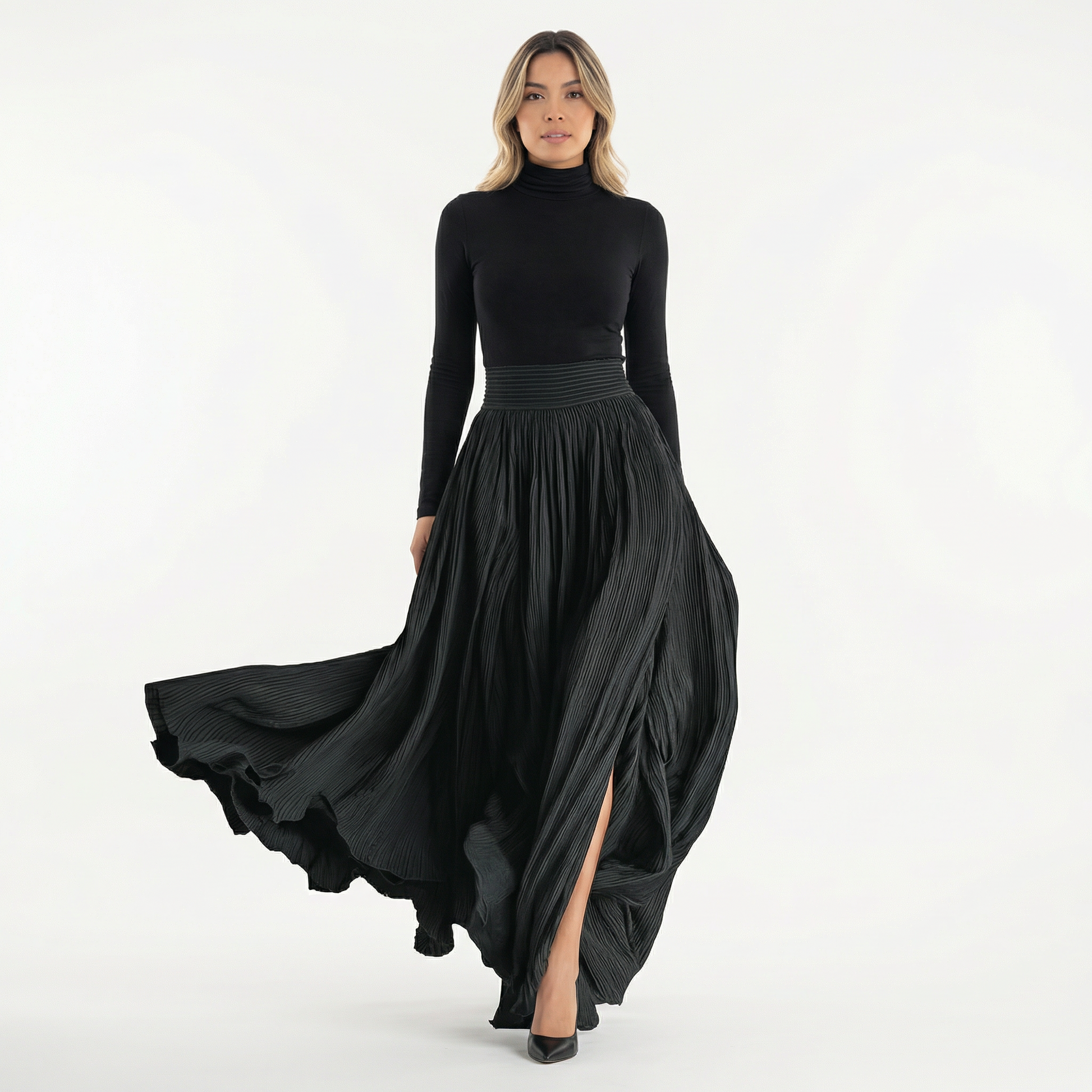 Vestido Largo Mujer Plisado Cuello Alto - Mavetta