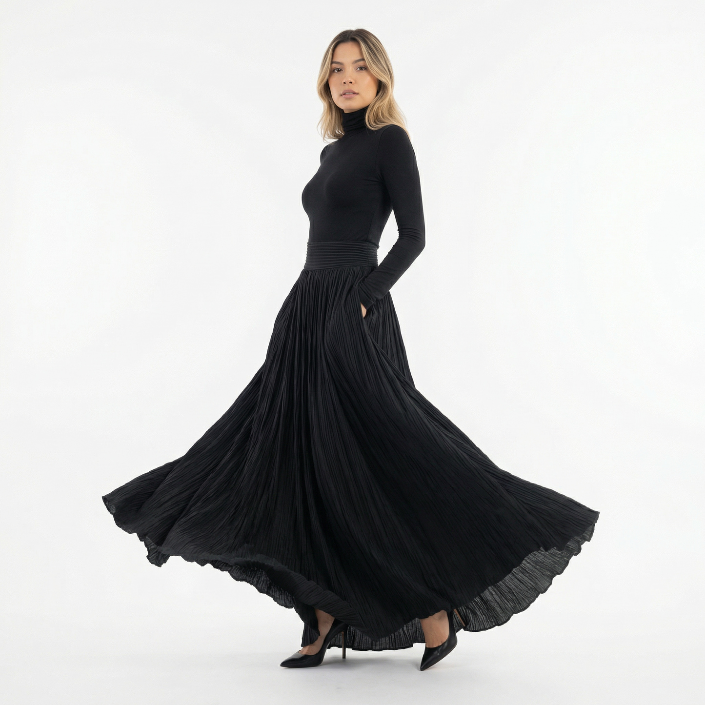 Vestido Largo Mujer Plisado Cuello Alto