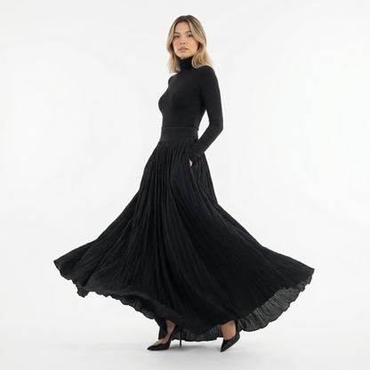 Vestido Largo Mujer Plisado Cuello Alto