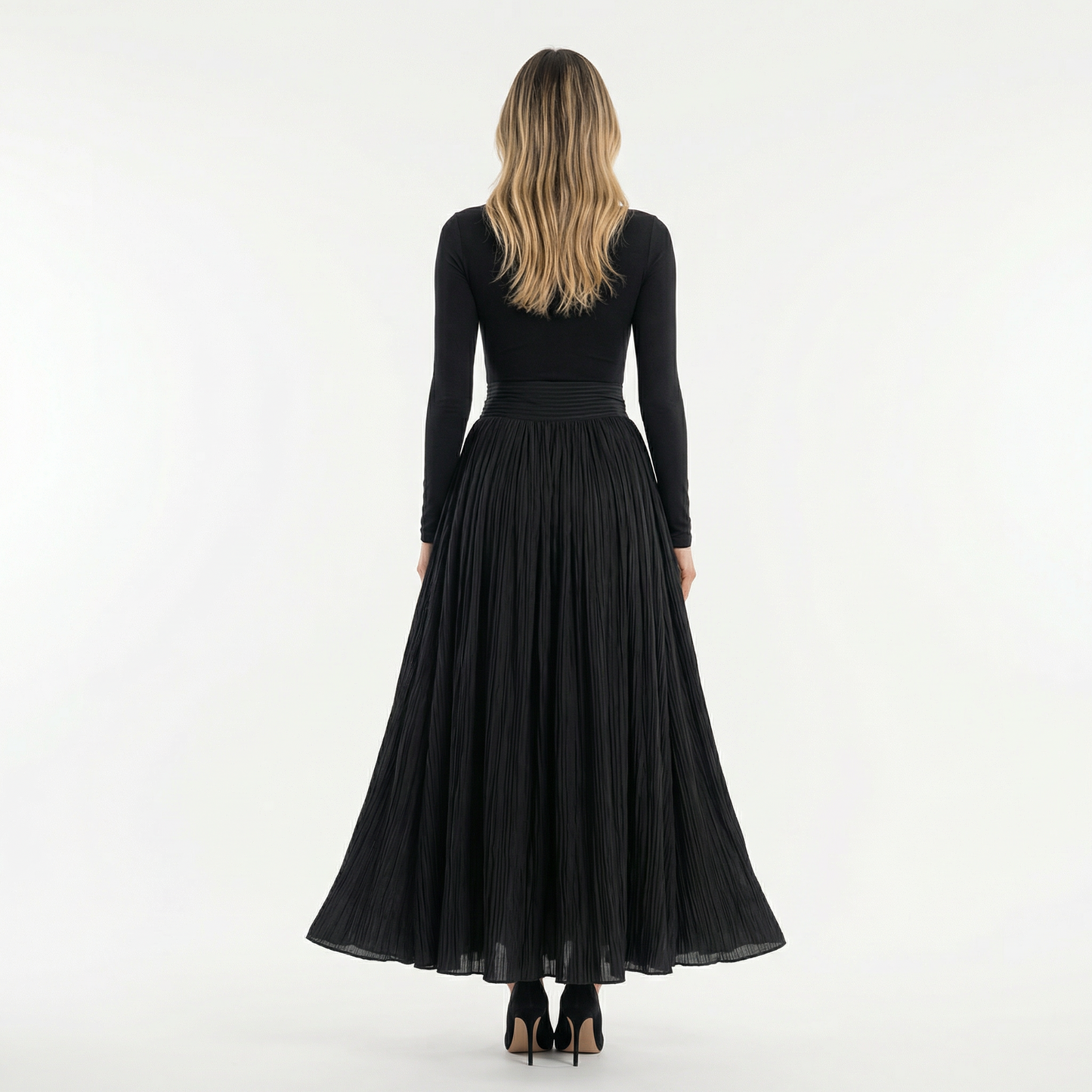 Vestido Largo Mujer Plisado Cuello Alto