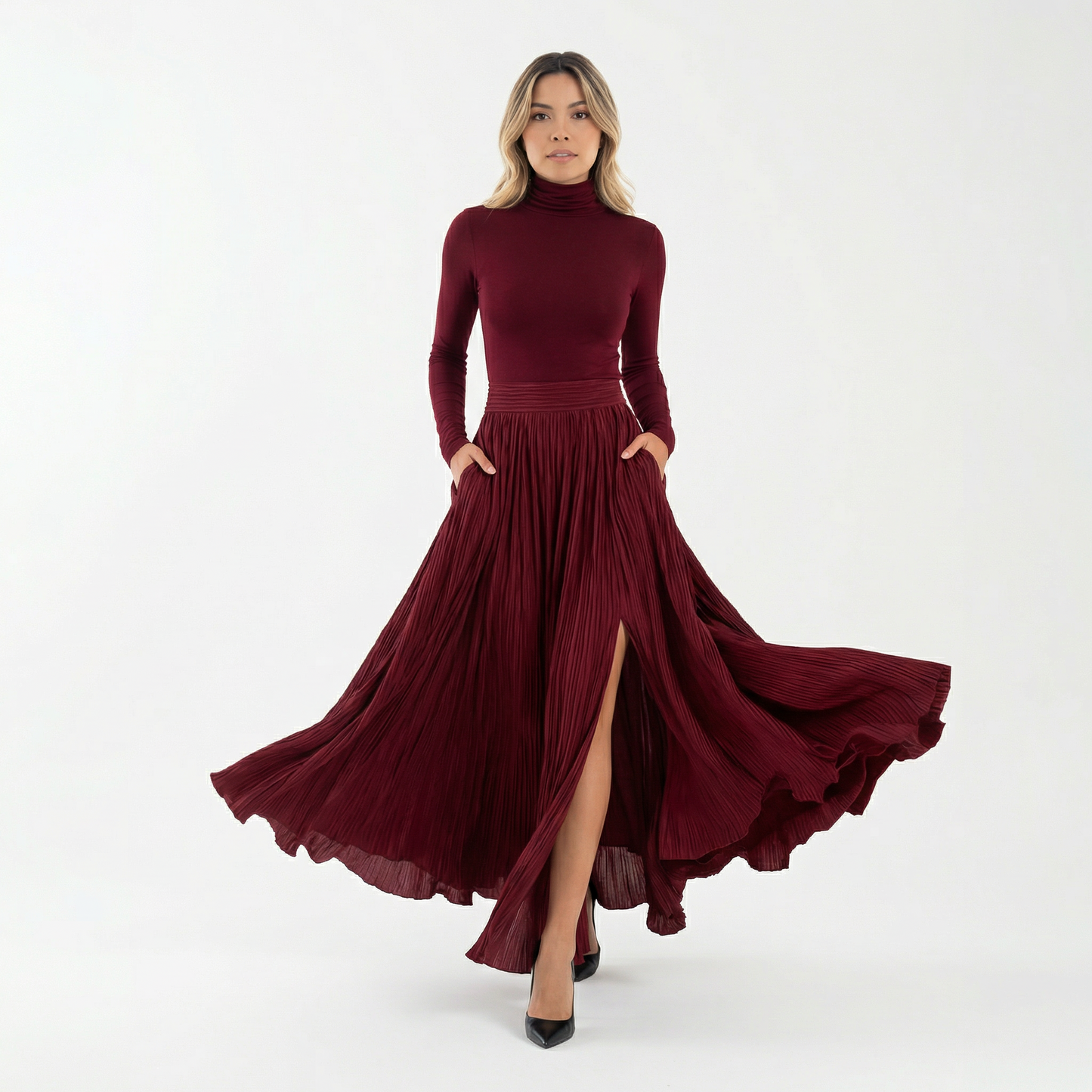 Vestido Largo Mujer Plisado Cuello Alto