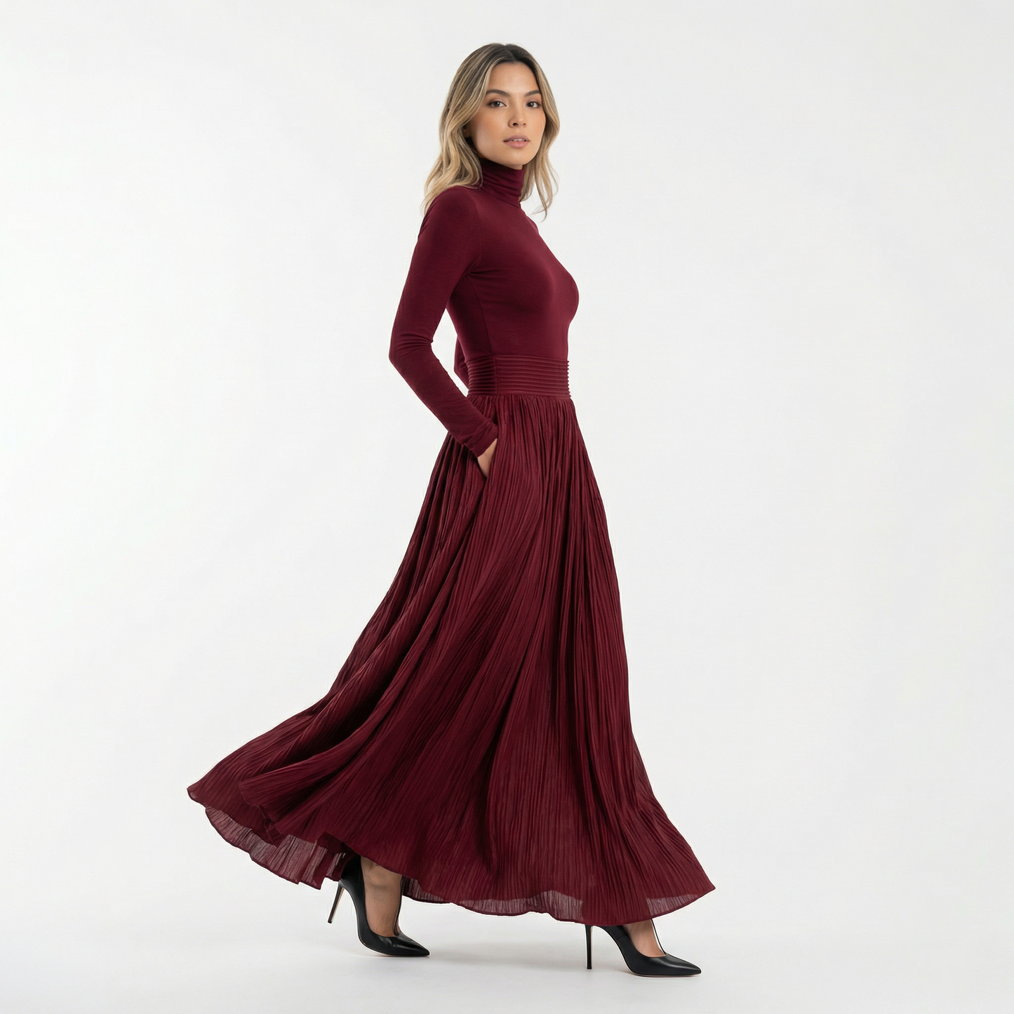 Vestido Largo Mujer Plisado Cuello Alto