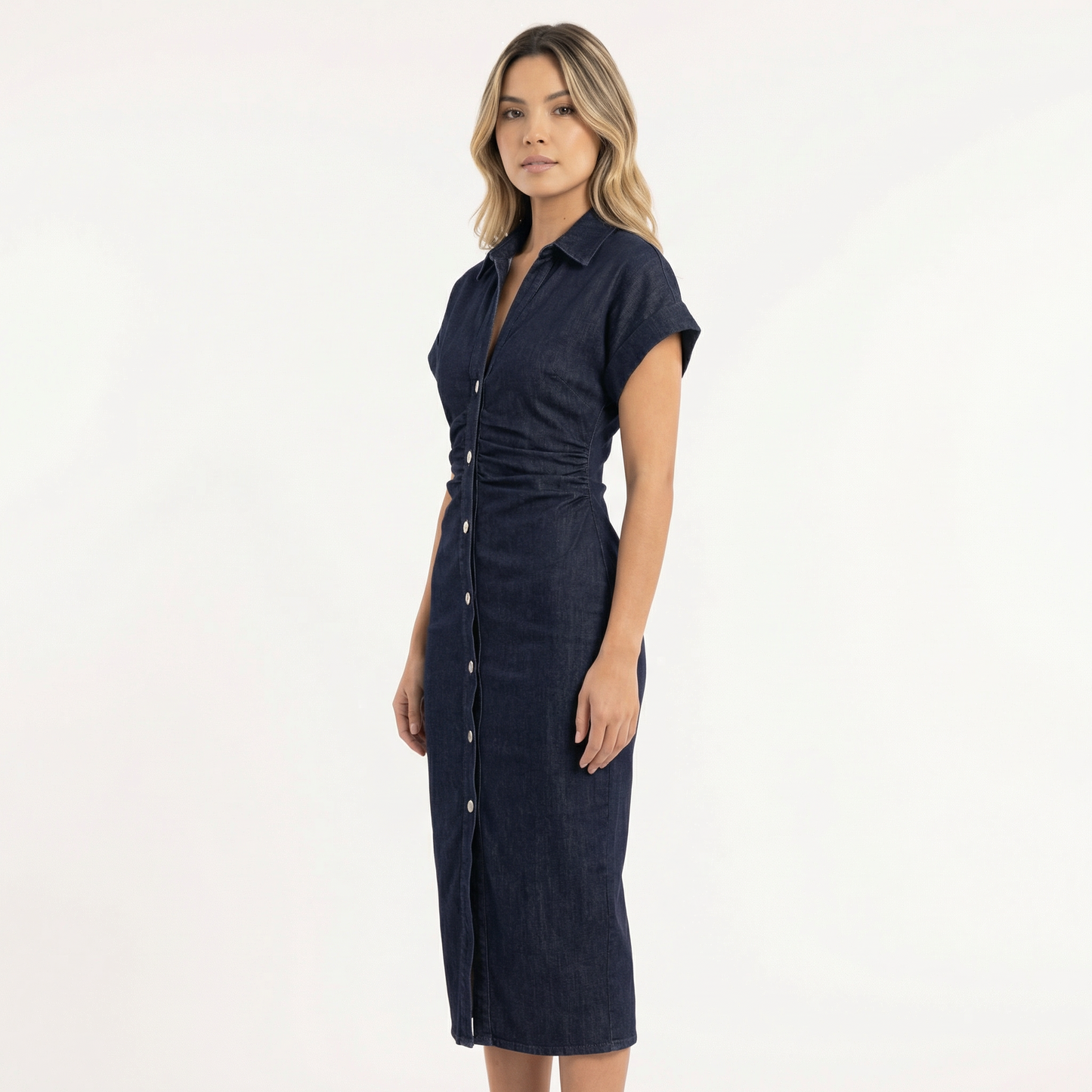 Vestido Midi Mujer de Tela Vaquera Ajuste Elegante