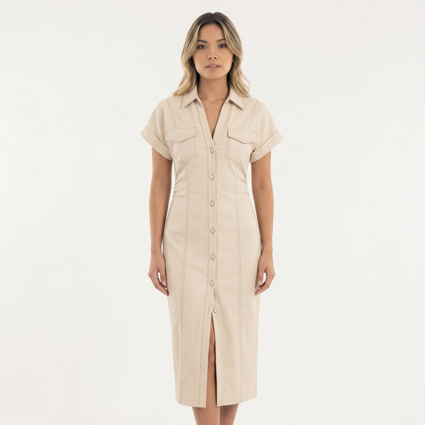 Vestido Midi Mujer de Tela Vaquera Ajuste Elegante