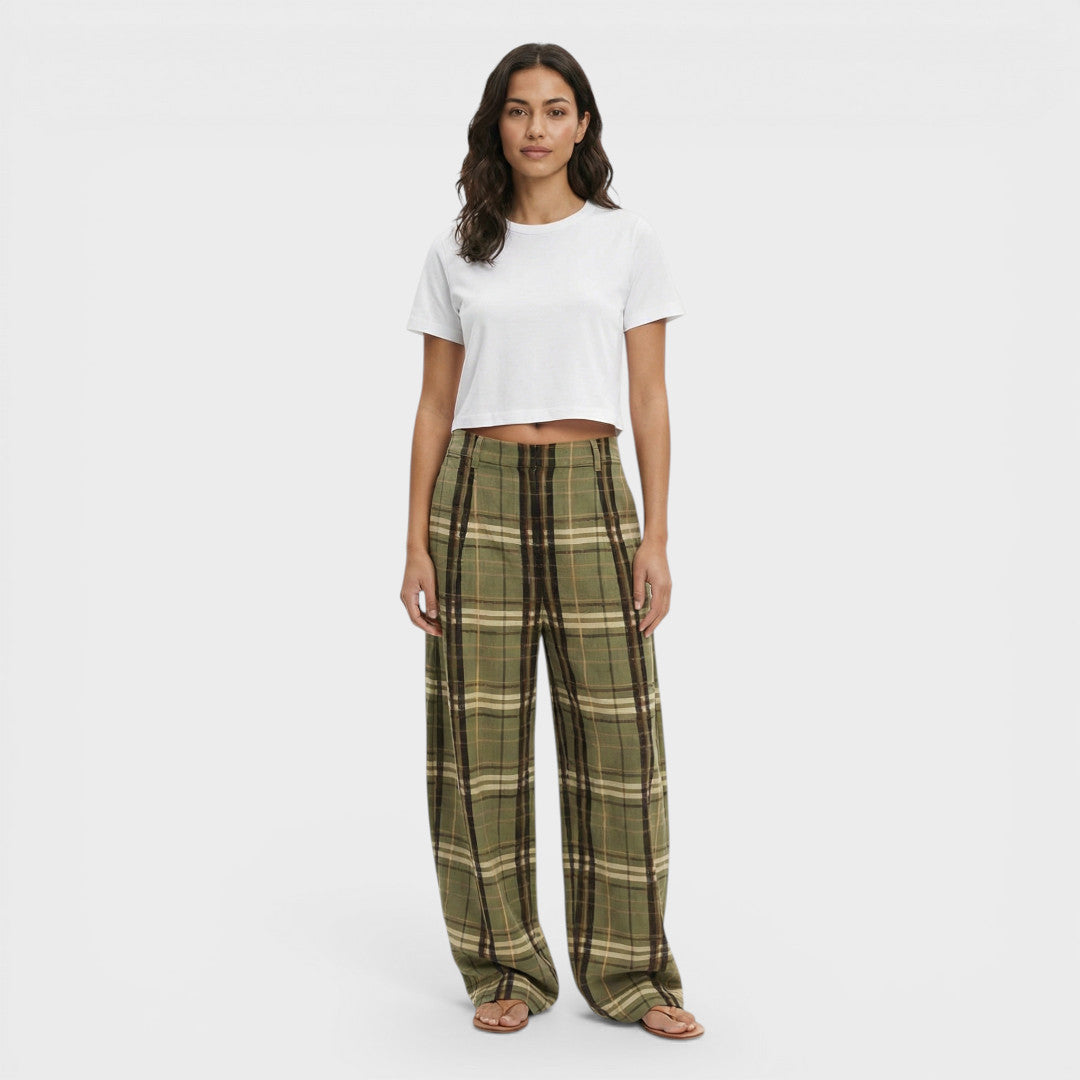 Pantalones Mujer de Tela Cuadros Pierna Ancha - Mavetta