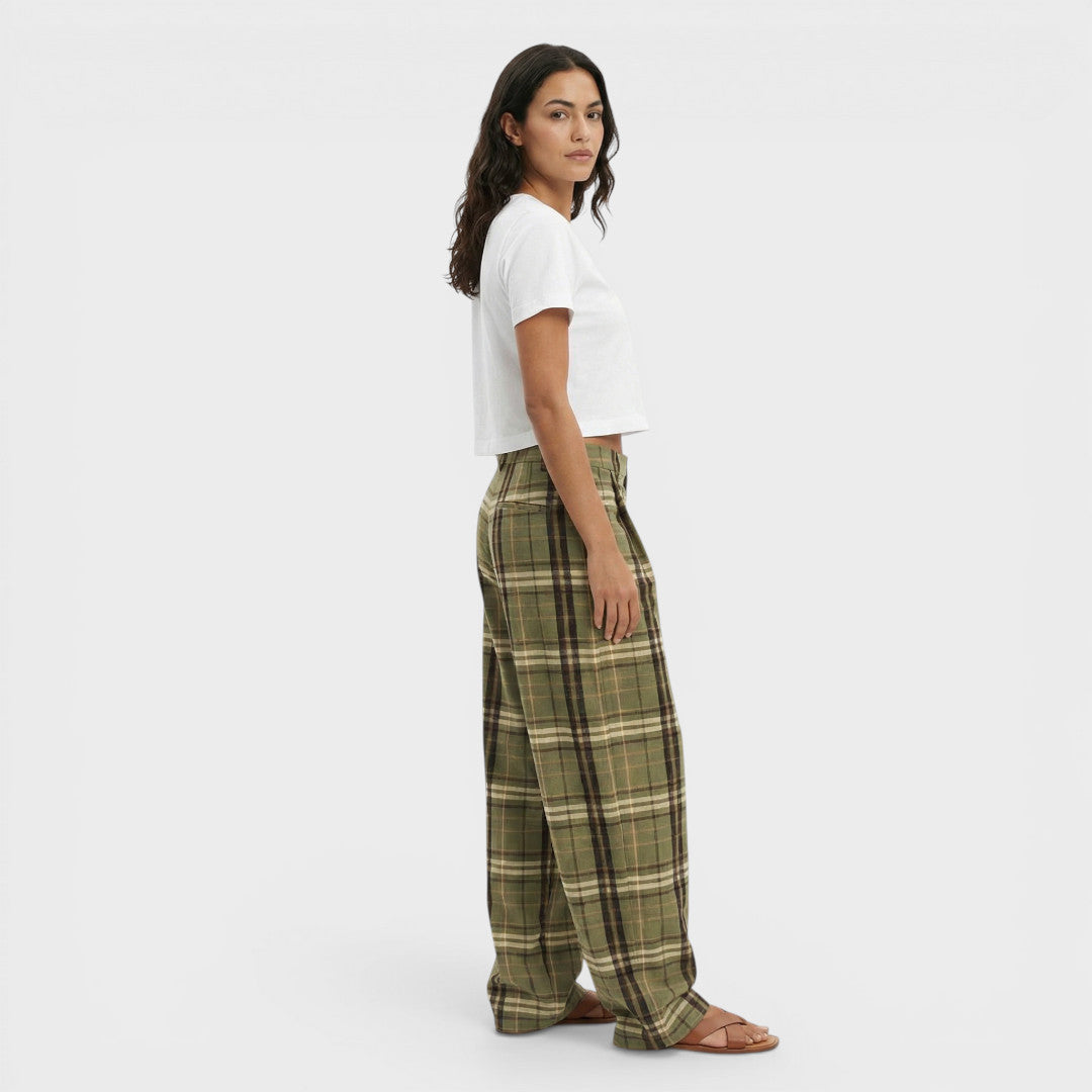 Pantalones Mujer de Tela Cuadros Pierna Ancha