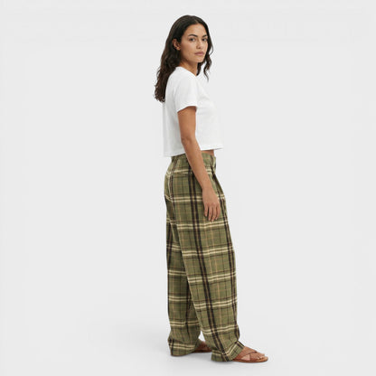 Pantalones Mujer de Tela Cuadros Pierna Ancha