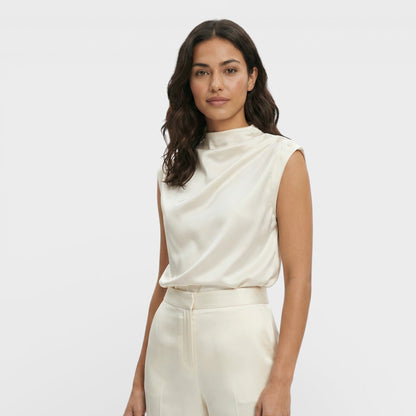 Blusa Mujer de Satén Drapeada Cuello Mao