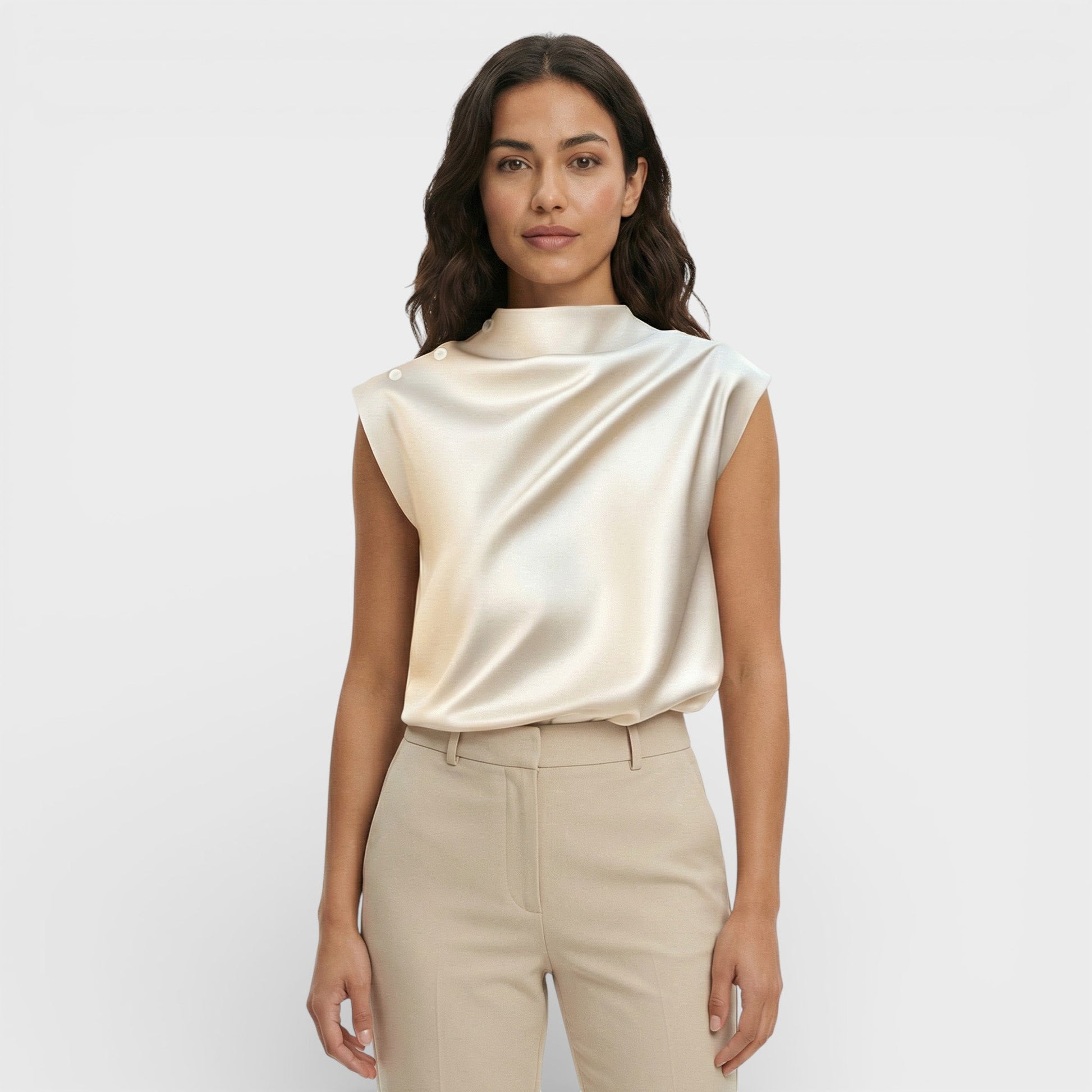 Blusa Mujer de Satén Drapeada Cuello Mao - Mavetta