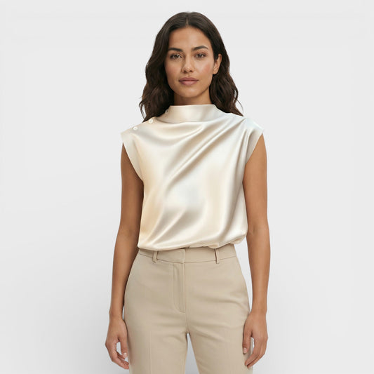 Blusa Mujer de Satén Drapeada Cuello Mao - Mavetta