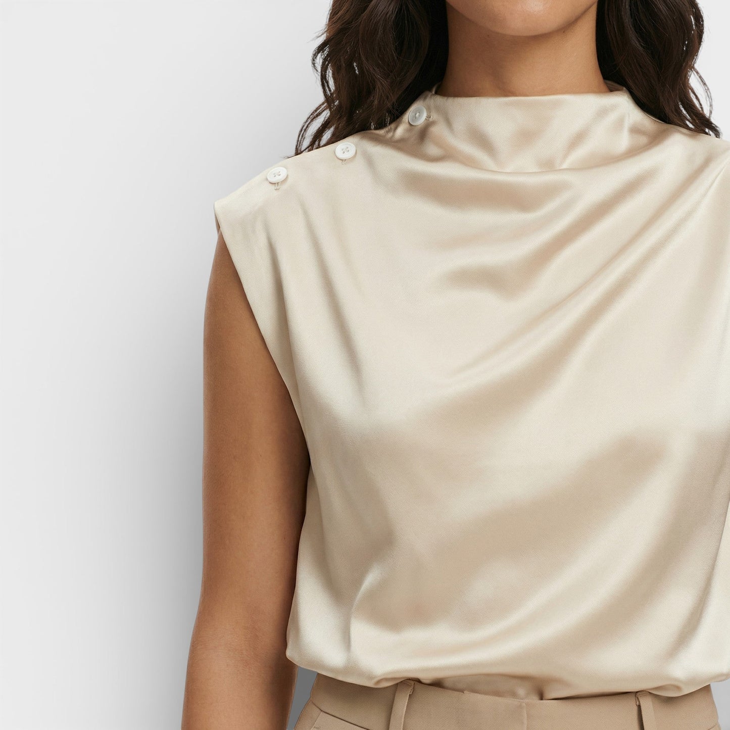 Blusa Mujer de Satén Drapeada Cuello Mao