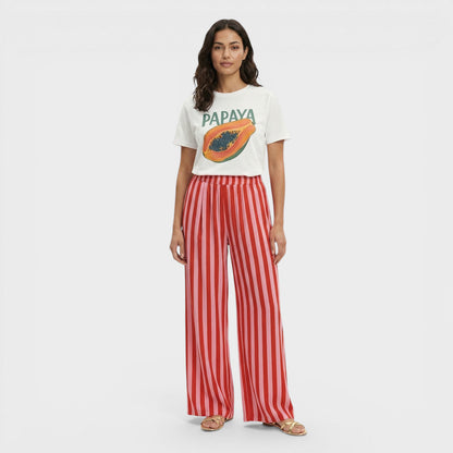 Pantalones Mujer de Rayas con Cordón Corte Ancho