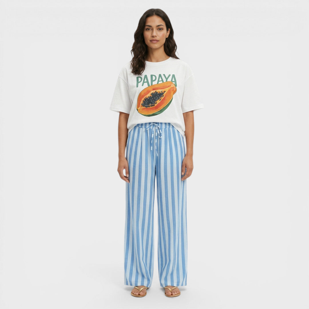Pantalones Mujer de Rayas con Cordón Corte Ancho
