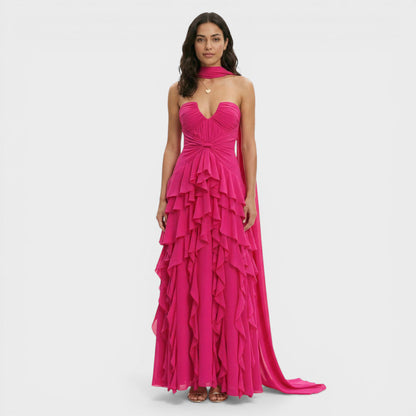 Vestido Largo Mujer Fiesta Halter con Volantes