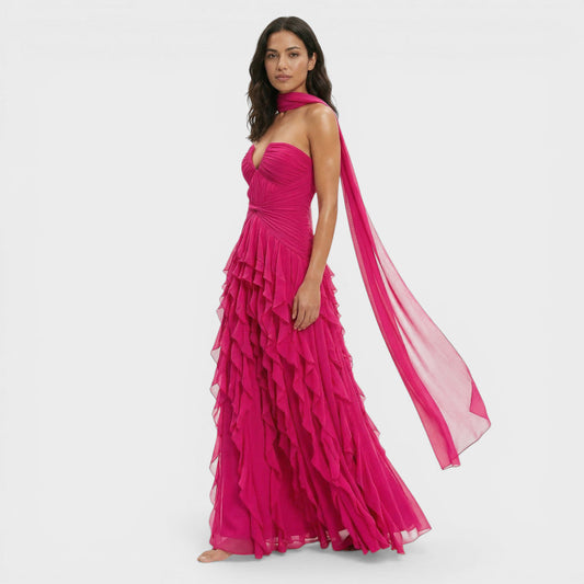 Vestido Largo Mujer Fiesta Halter con Volantes - Mavetta