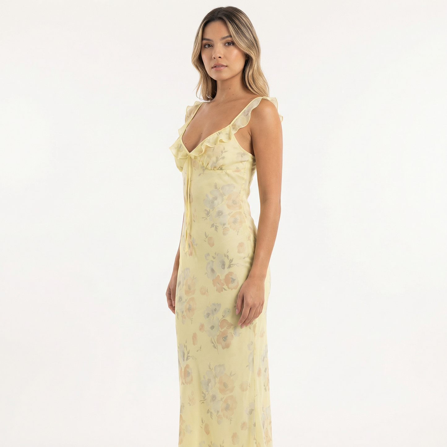Vestido Midi Mujer Estampado Floral Escote Profundo