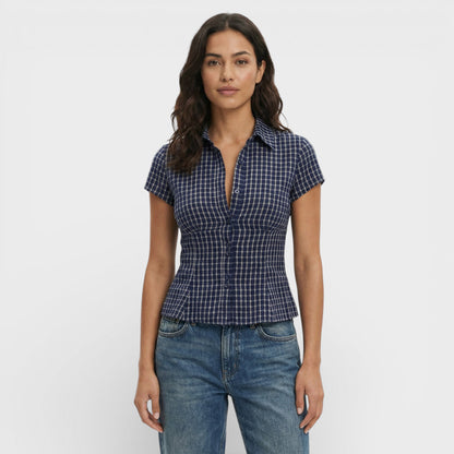 Camisa Mujer de Algodón Cuadros Manga Corta