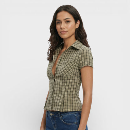 Camisa Mujer de Algodón Cuadros Manga Corta