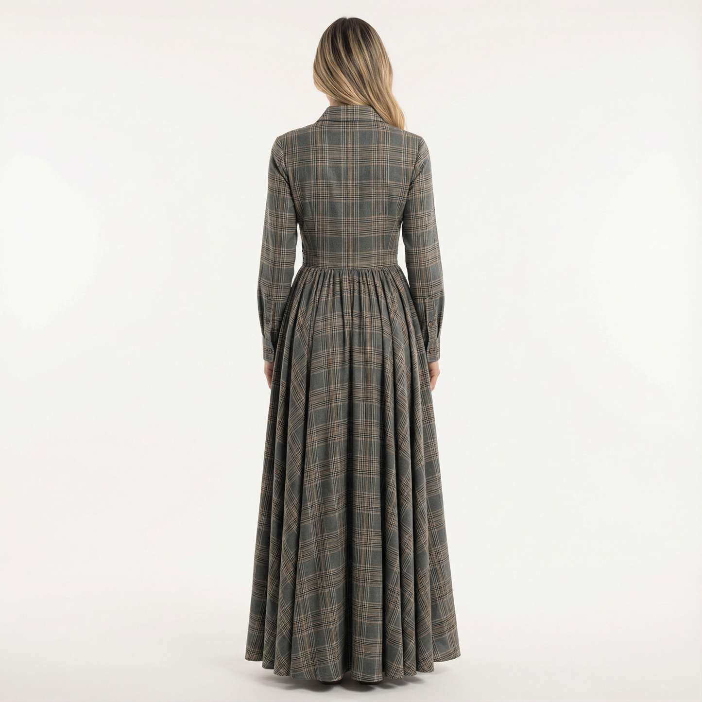 Vestido Largo Mujer de Cuadros Ajuste Elegante