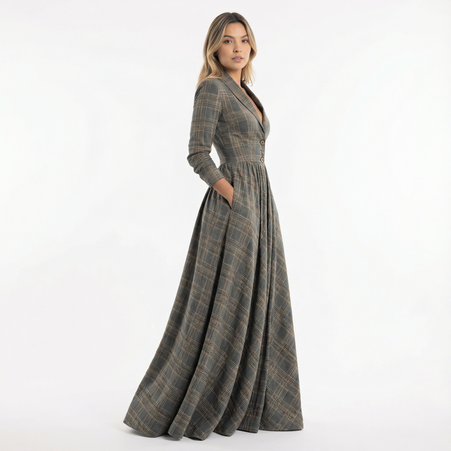 Vestido Largo Mujer de Cuadros Ajuste Elegante