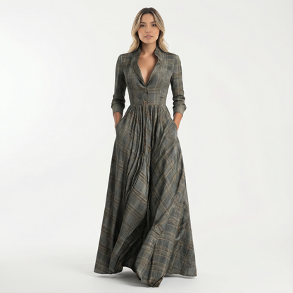 Vestido Largo Mujer de Cuadros Ajuste Elegante - Mavetta