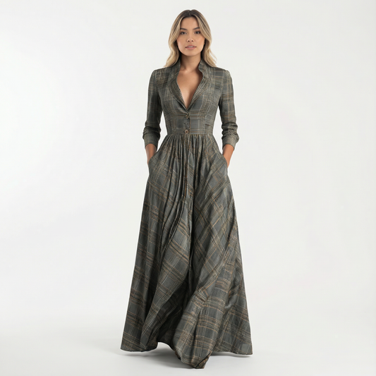 Vestido Largo Mujer de Cuadros Ajuste Elegante - Mavetta