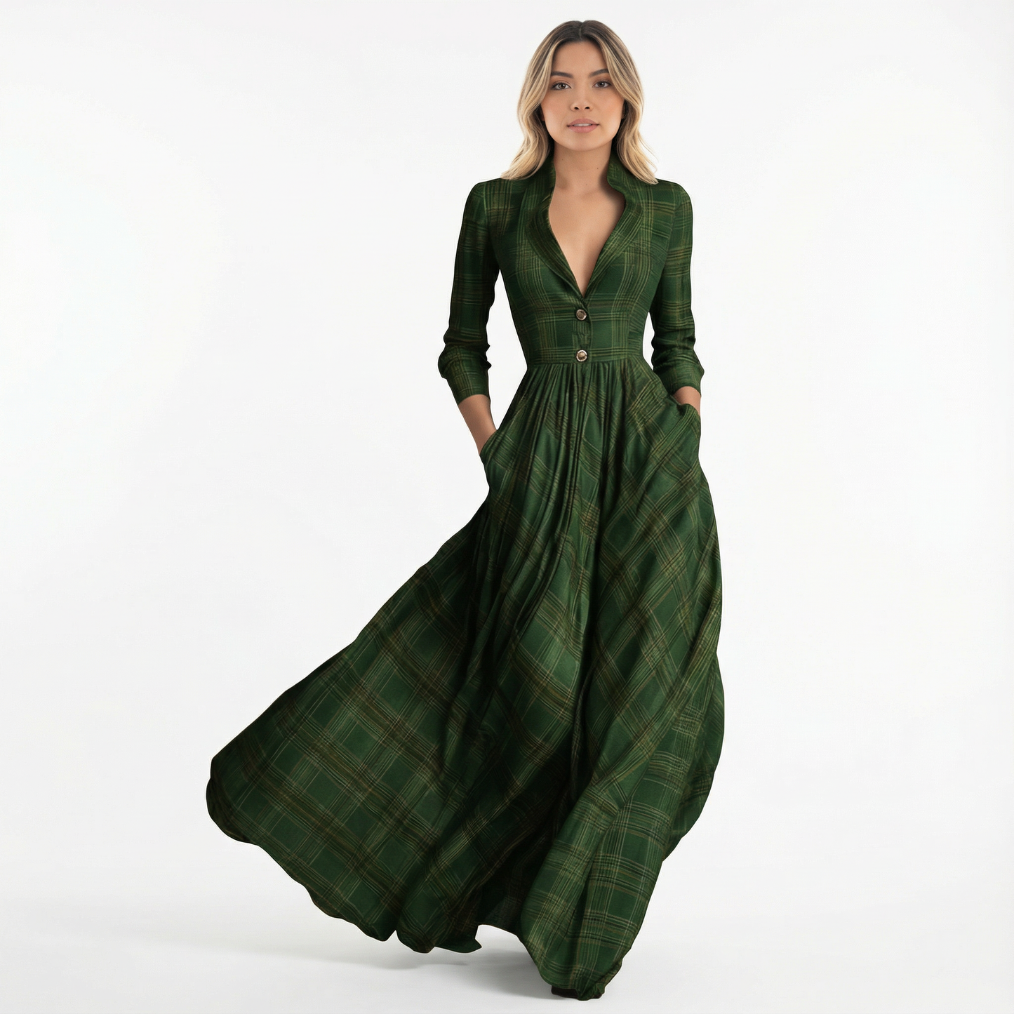 Vestido Largo Mujer de Cuadros Ajuste Elegante