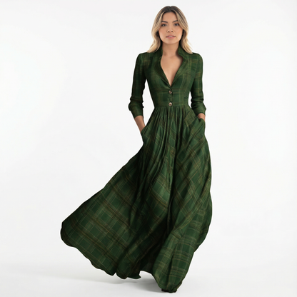 Vestido Largo Mujer de Cuadros Ajuste Elegante