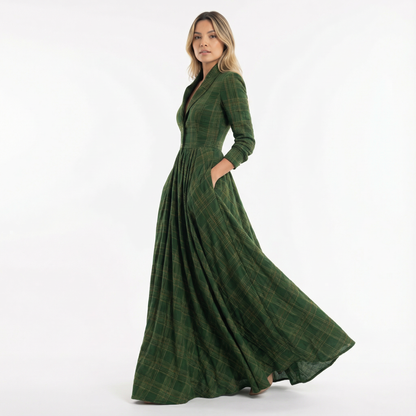 Vestido Largo Mujer de Cuadros Ajuste Elegante