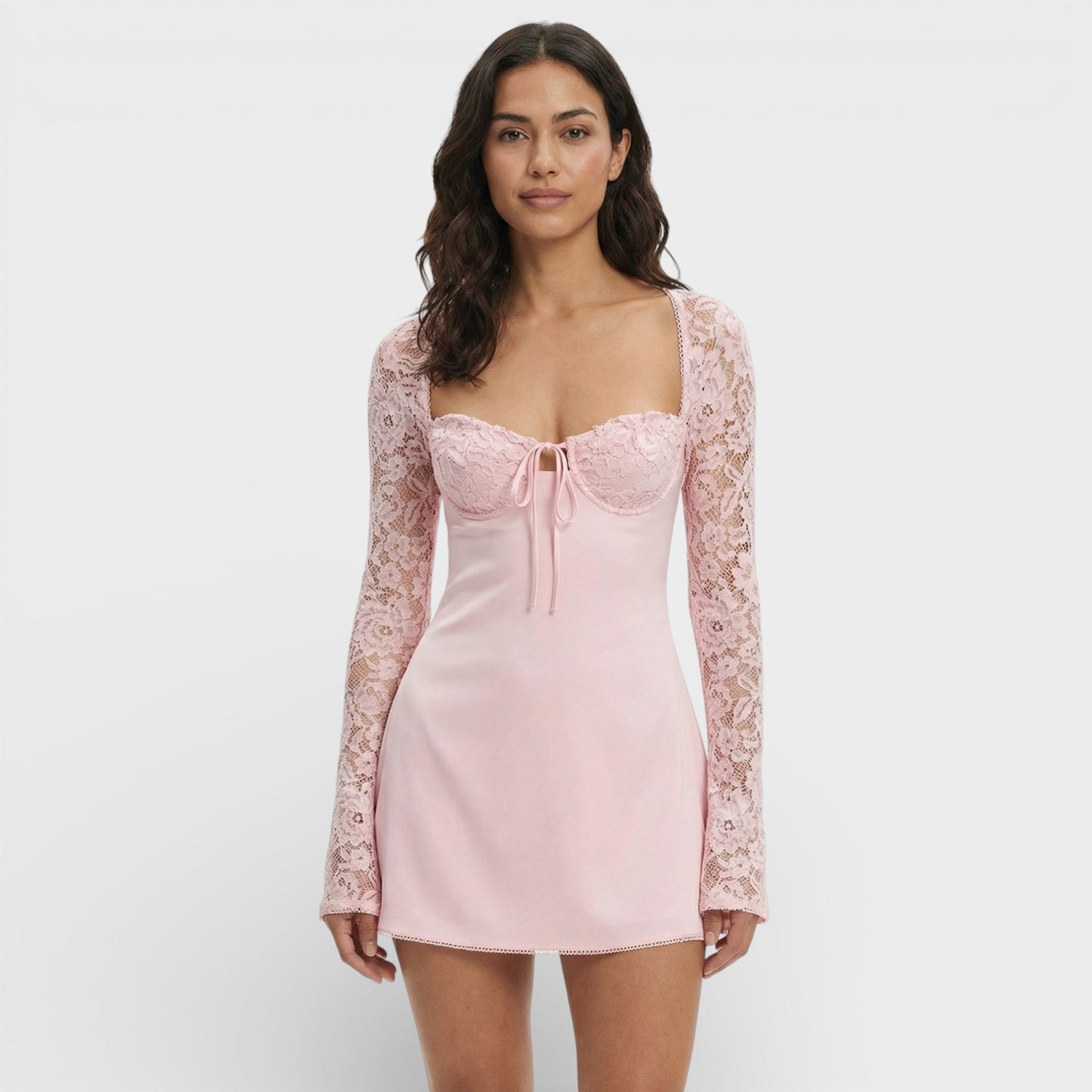 Vestido Mini Mujer de Encaje Manga Acampanada