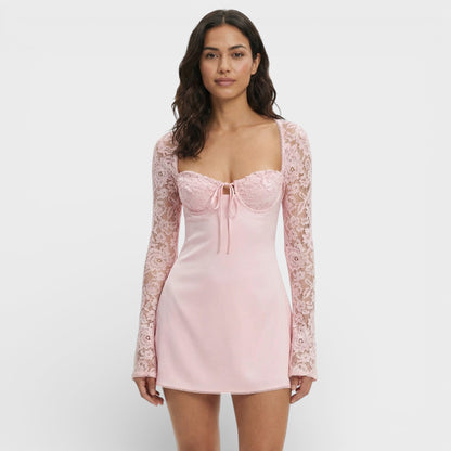 Vestido Mini Mujer de Encaje Manga Acampanada