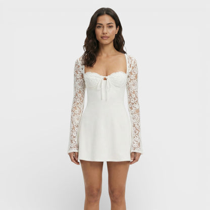 Vestido Mini Mujer de Encaje Manga Acampanada