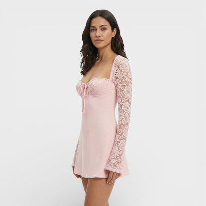 Vestido Mini Mujer de Encaje Manga Acampanada