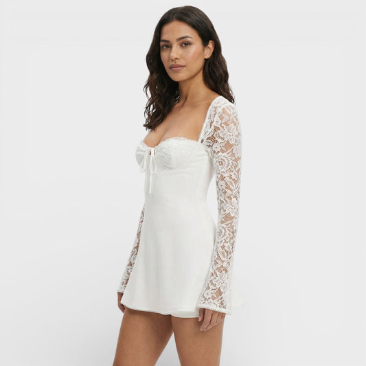 Vestido Mini Mujer de Encaje Manga Acampanada - Mavetta