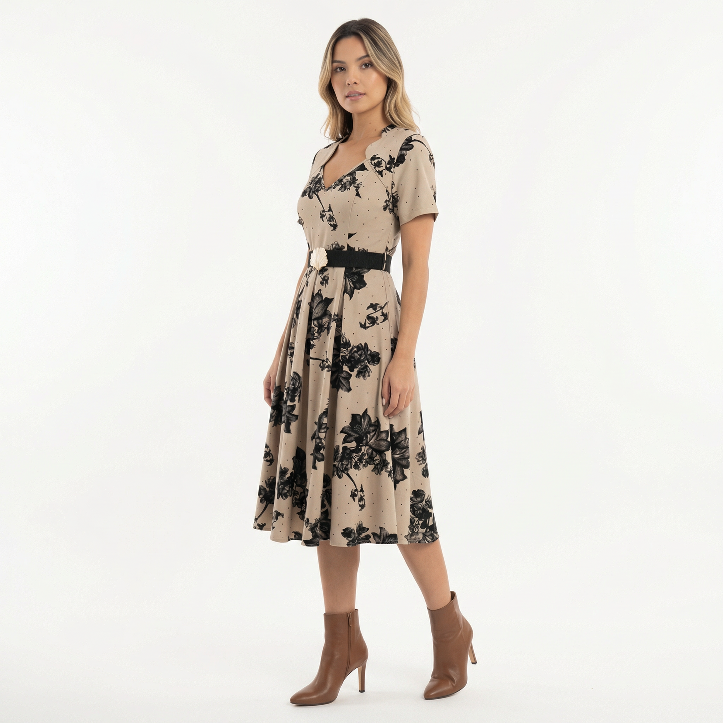 Vestido Midi Mujer Estampado Floral Cinturón Ajustable