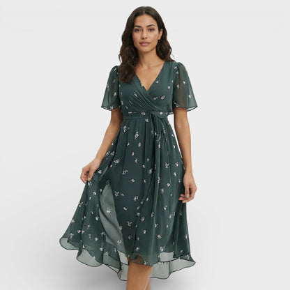 Vestido Midi Manga Corta Escote Pico - Mavetta